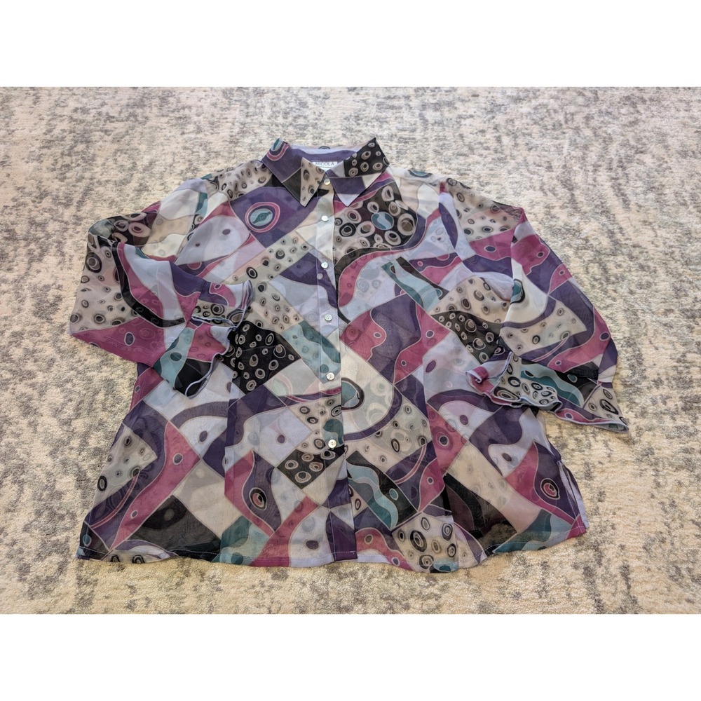 Nicola Sheer Abstract Button Blouse Purple Boho Artsy Colorful Y2K Women's Large